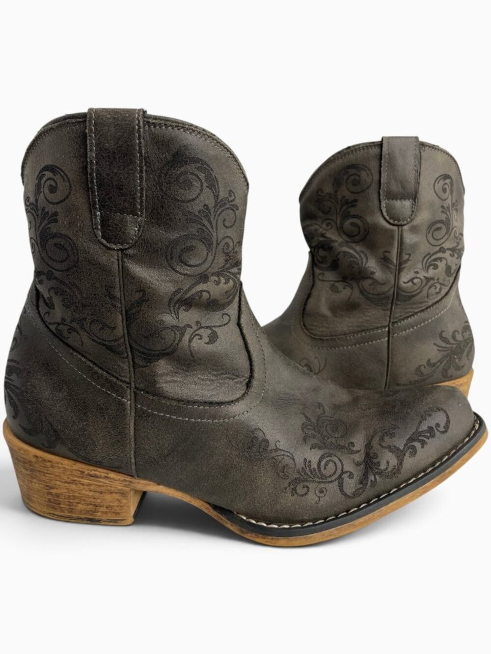 Roper Gray Faux Leather Floral Ankle Cowboy Boots Western Cowgirl Women's 10